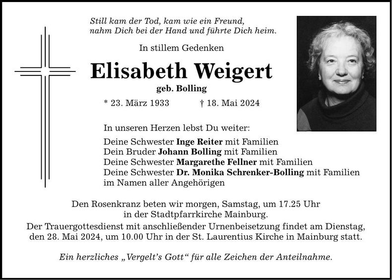 Traueranzeige Elisabeth Weigert