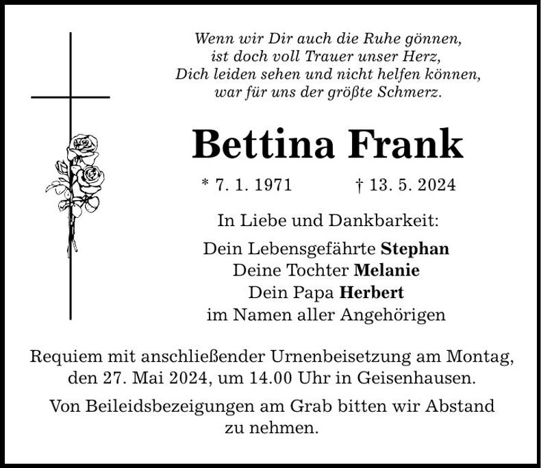 Traueranzeige Bettina Frank