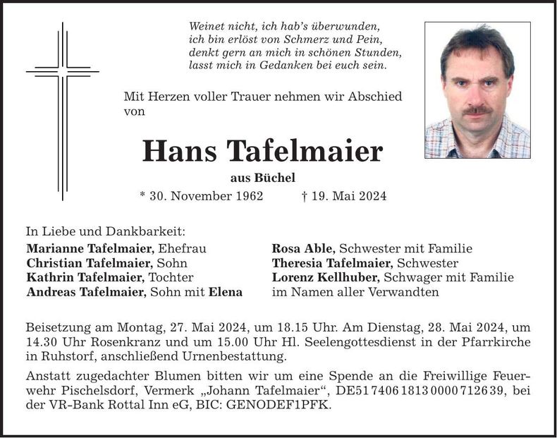 Traueranzeige Hans Tafelmeier