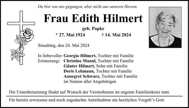 Traueranzeige Edith Hilmert