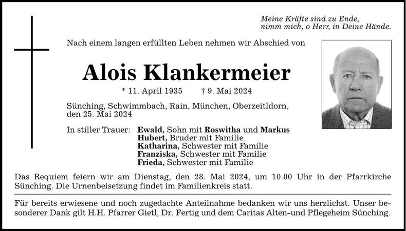Traueranzeige Alois Klankermeier