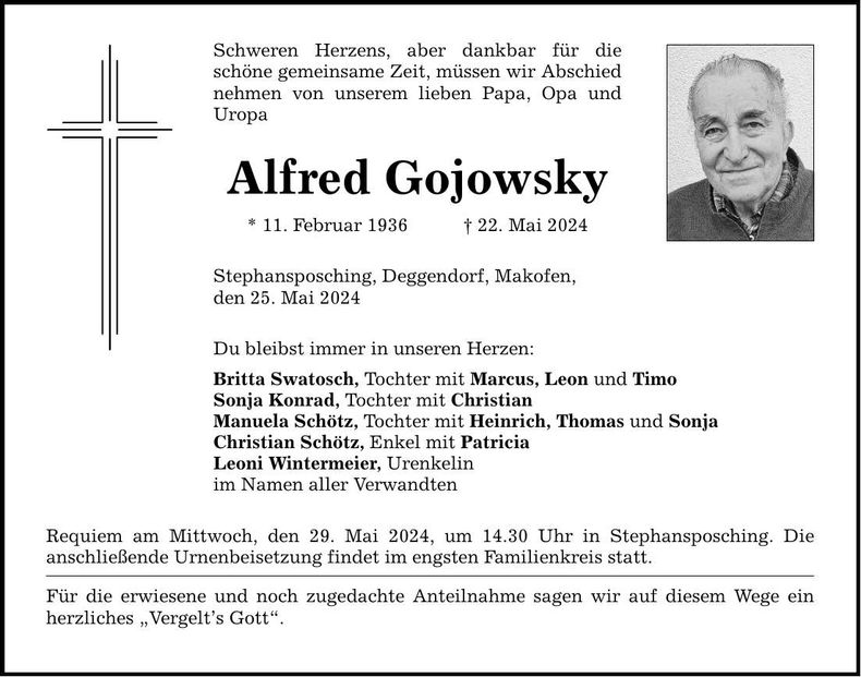 Traueranzeige Alfred Gojowsky