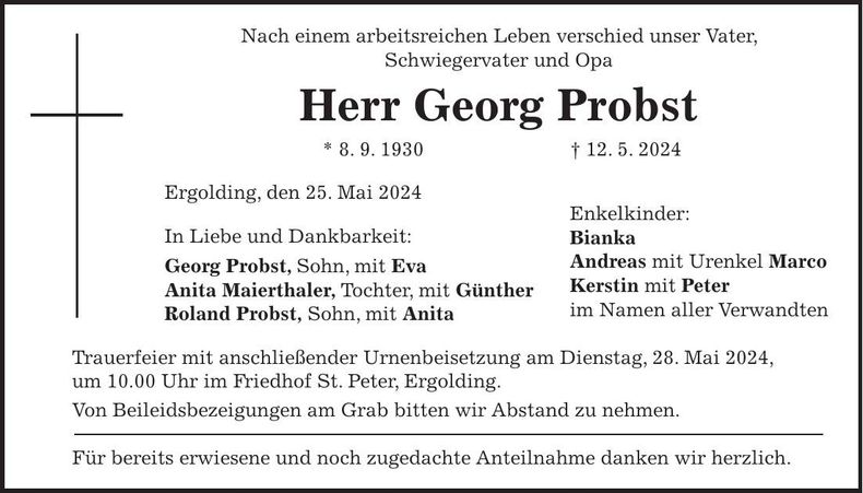 Traueranzeige Georg Probst