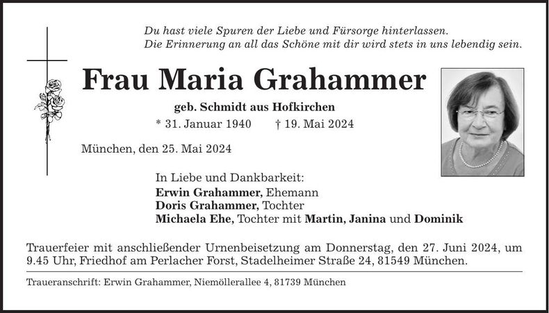 Traueranzeige Maria Grahammer