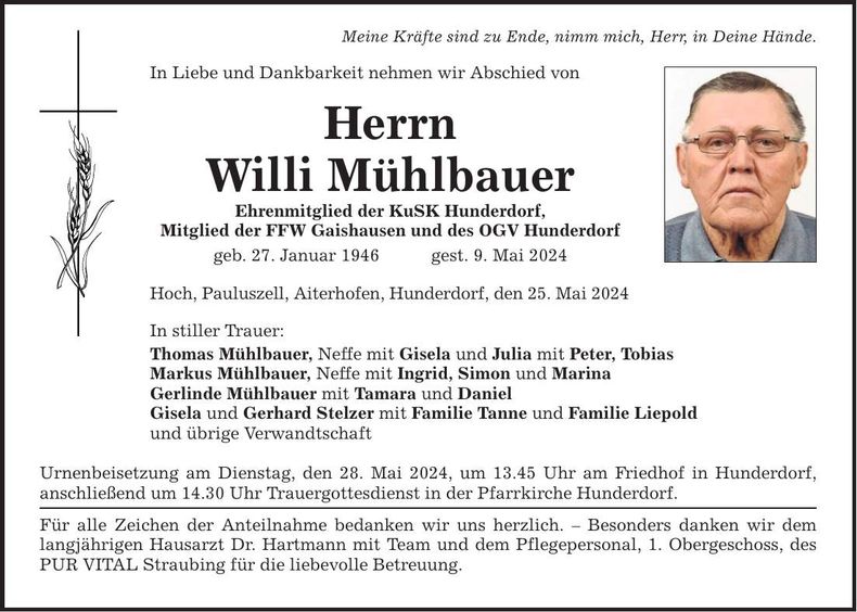 Traueranzeige Willi Mühlbauer