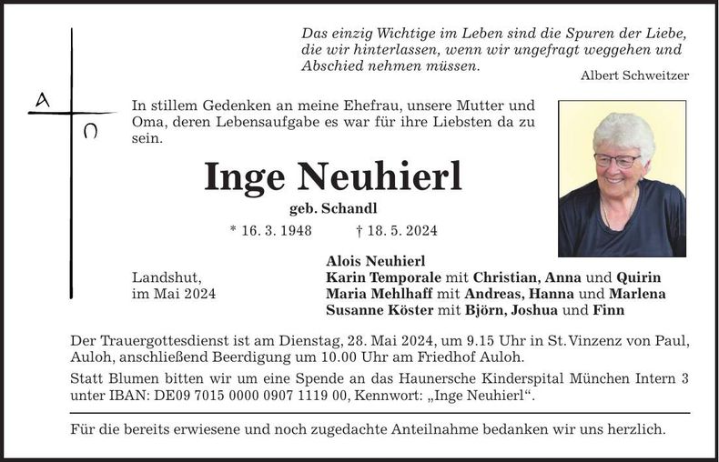 Traueranzeige Inge Neuhierl