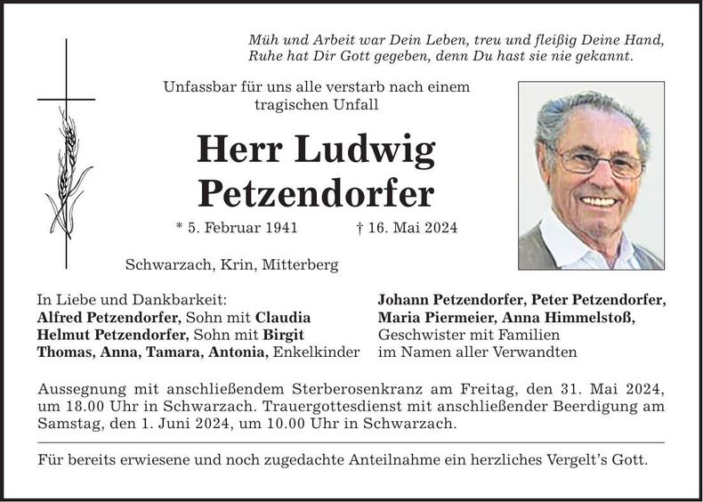 Traueranzeige Ludwig Petzendorfer