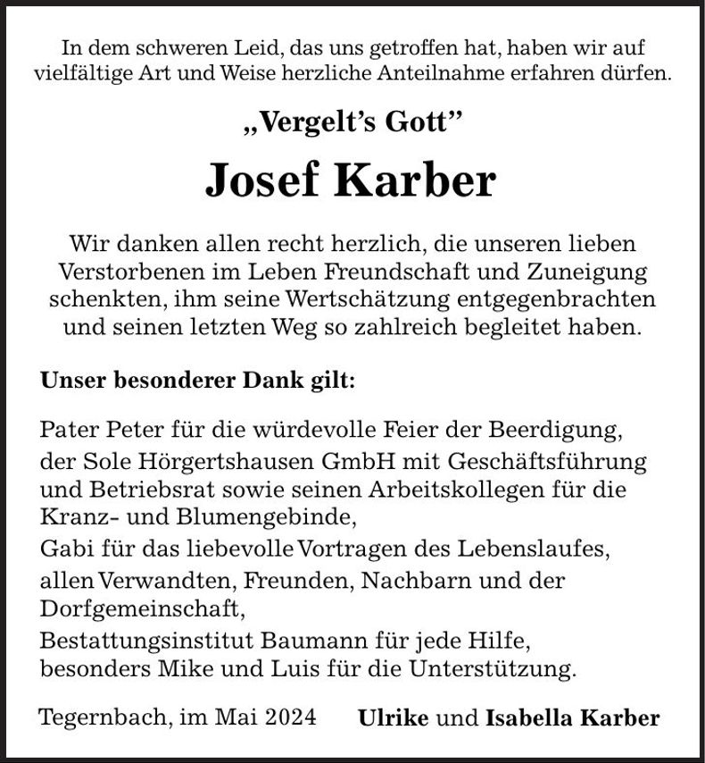Traueranzeige Josef Karber