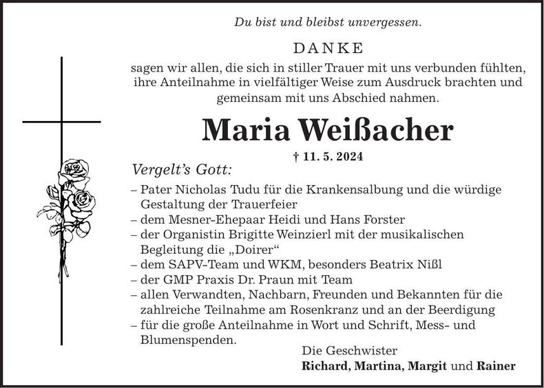 Traueranzeige Maria Weißacher
