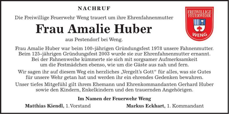 Traueranzeige Amalie Huber