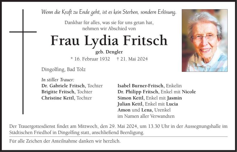 Traueranzeige Lydia Fritsch