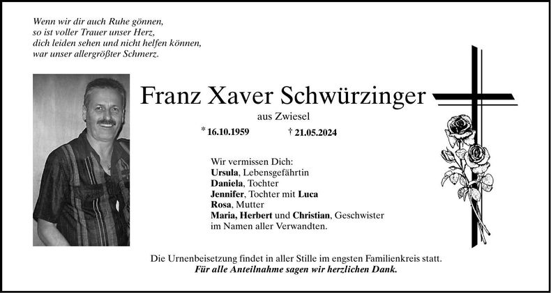 Traueranzeige Xaver Schwürzinger
