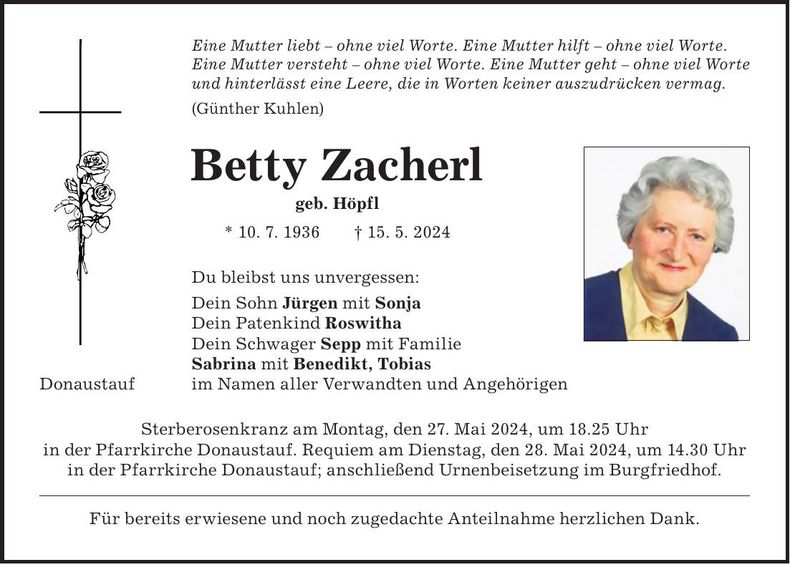 Traueranzeige Betty Zacherl