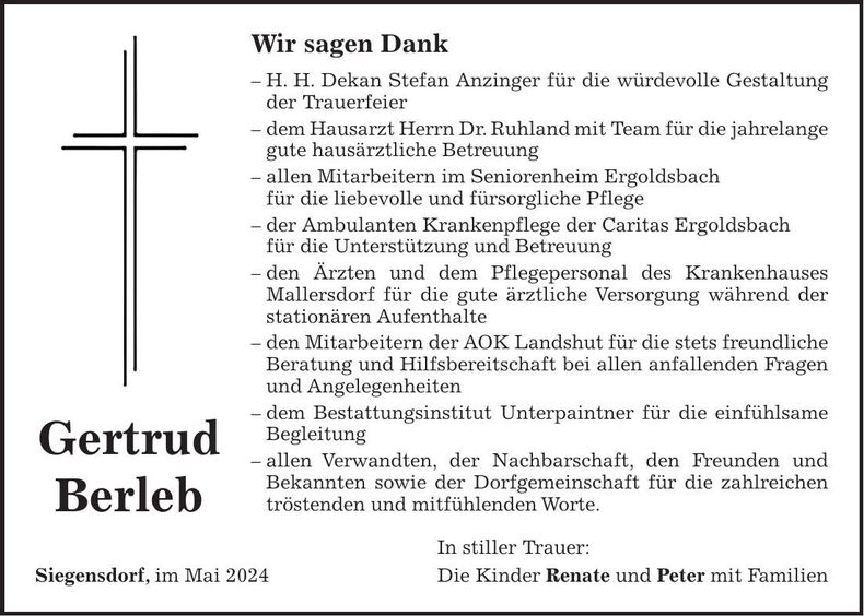 Traueranzeige Gertrud Berleb