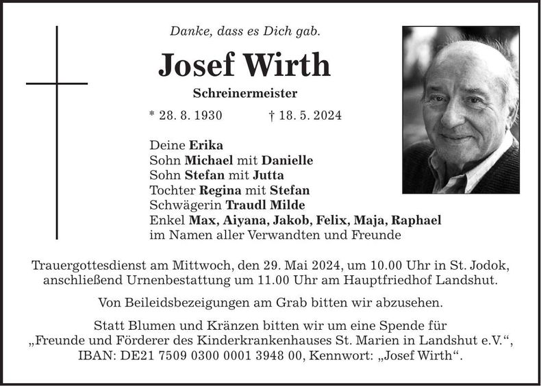 Traueranzeige Josef Wirth