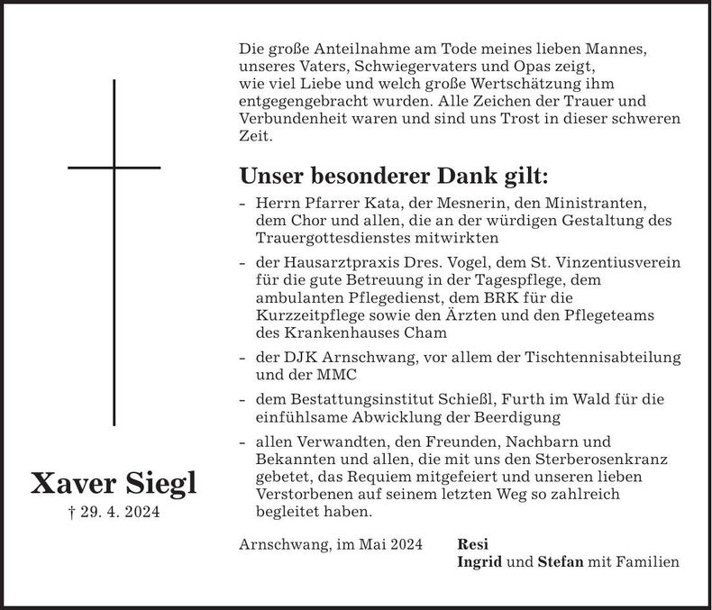 Traueranzeige Xaver Siegl