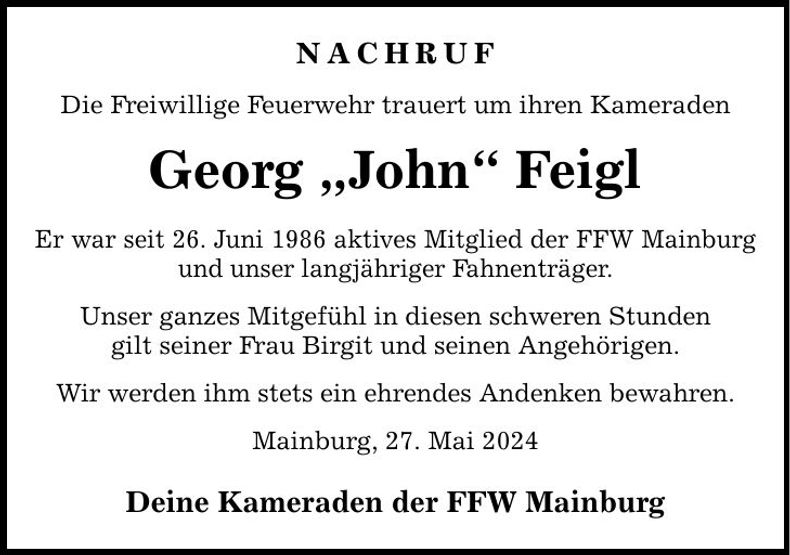 Traueranzeige Georg Feigl