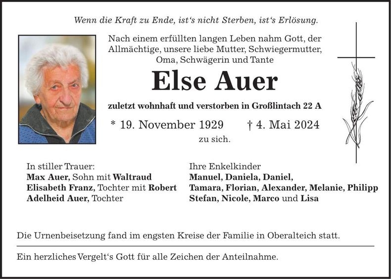 Traueranzeige Else Auer