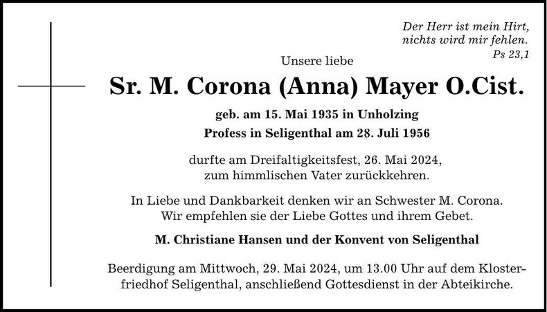 Traueranzeige Anna Mayer