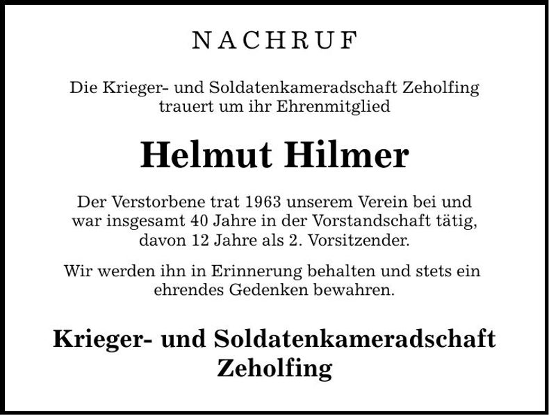 Traueranzeige Helmut Hilmer