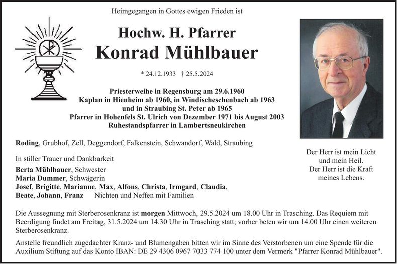 Traueranzeige Pfarrer Konrad Mühlbauer