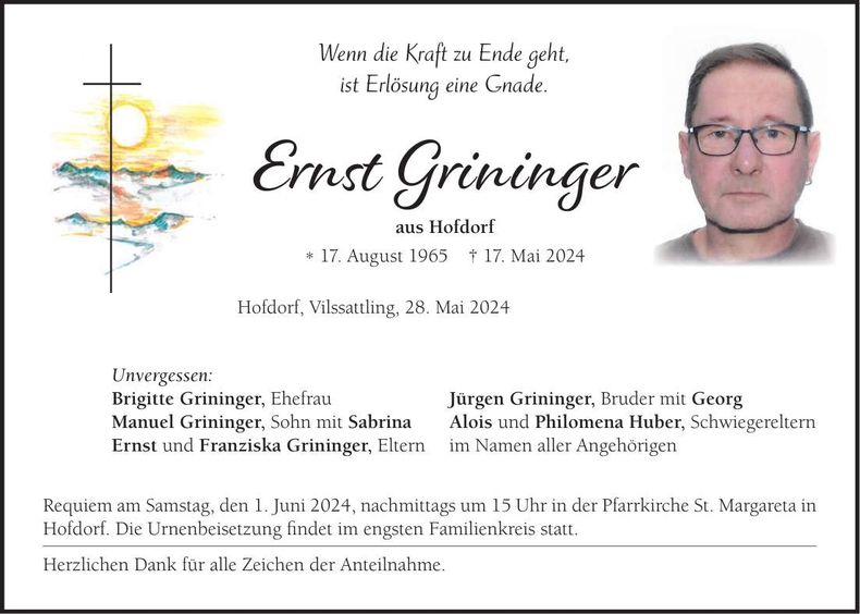 Traueranzeige Ernst Grininger