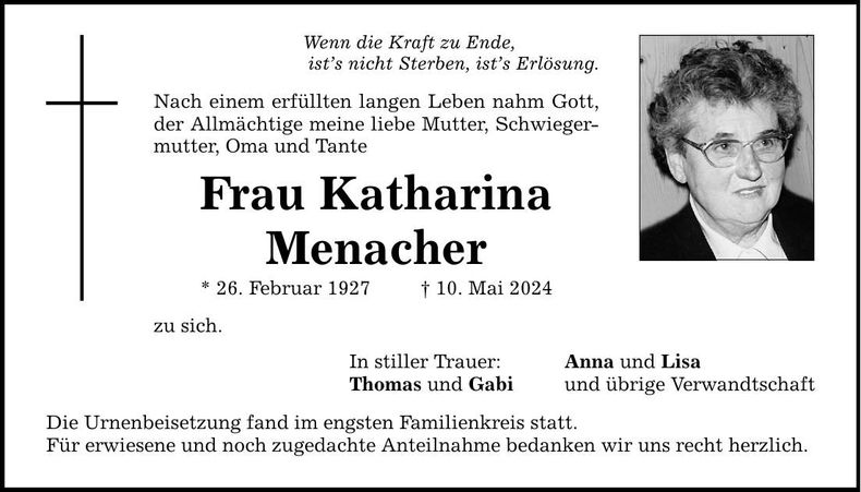 Traueranzeige Katharina Menacher