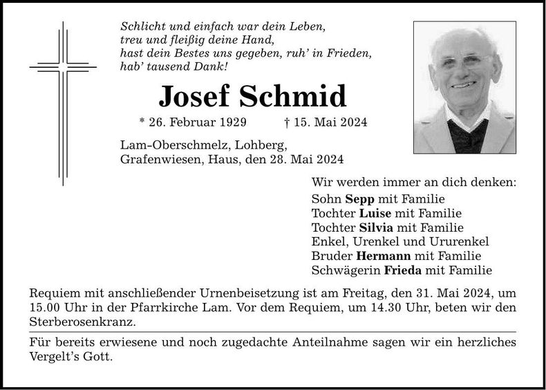 Traueranzeige Josef Schmid