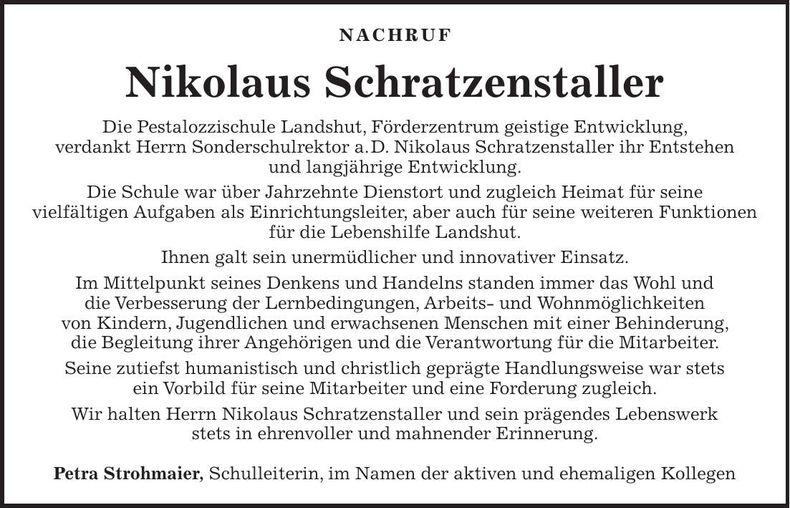 Traueranzeige Nikolaus Schratzenstaller