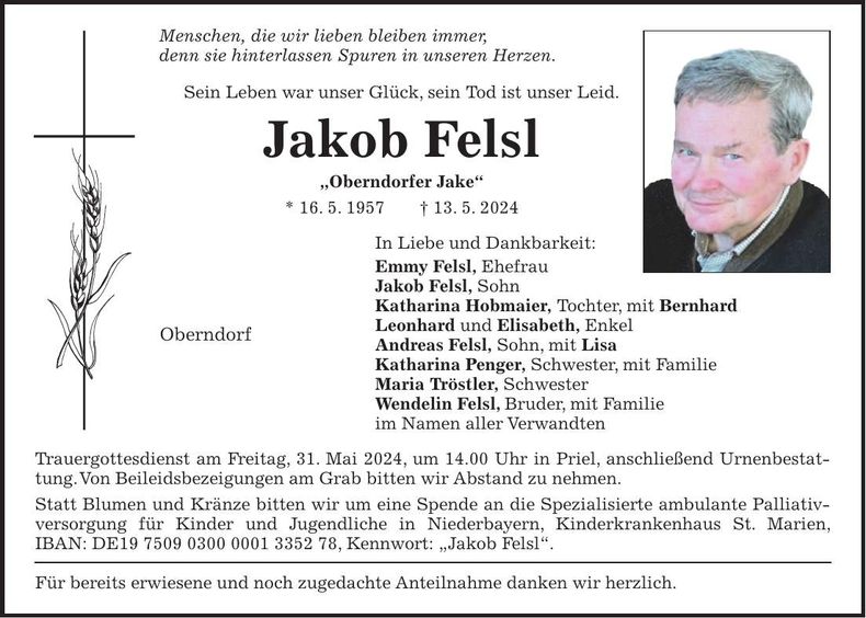 Traueranzeige Jakob Felsl