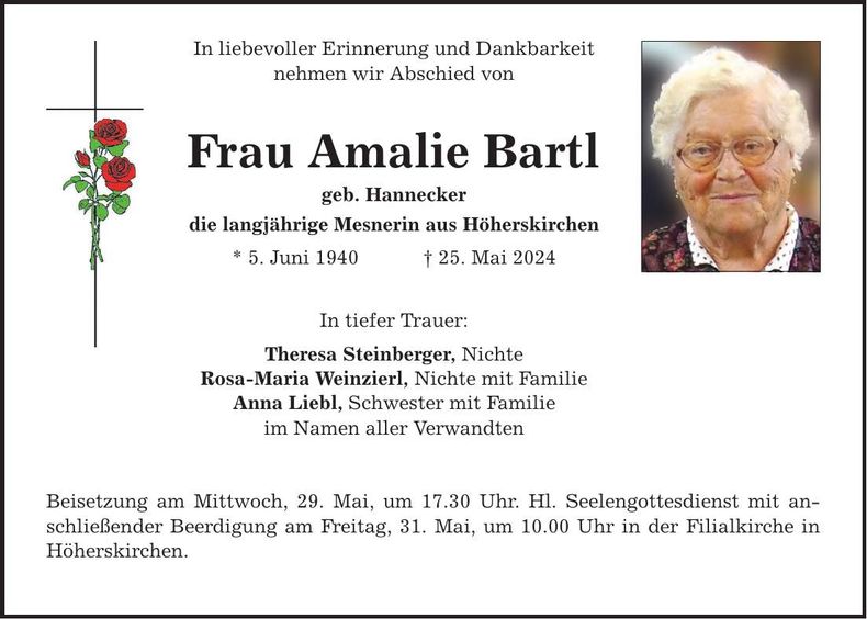 Traueranzeige Amalie Bartl
