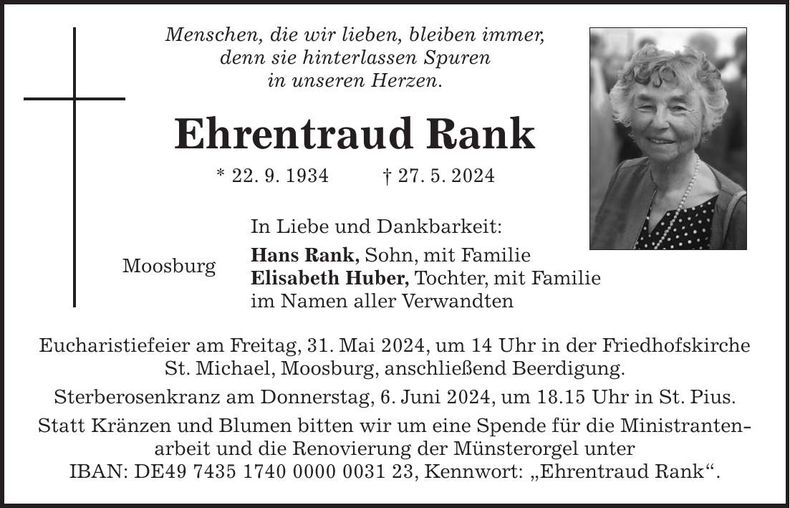 Traueranzeige Ehrentraud Rank