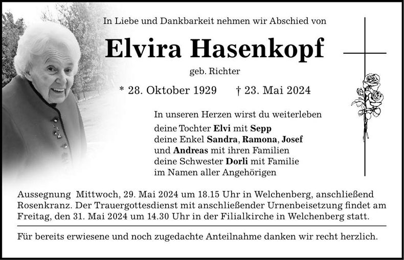 Traueranzeige Elvira Hasenkopf