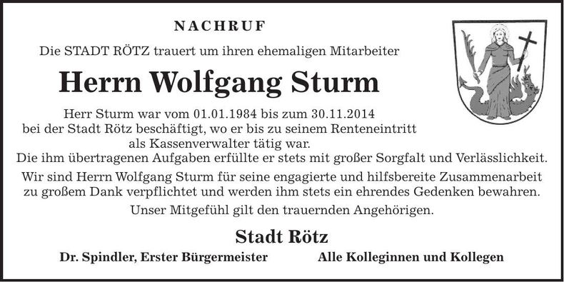 Traueranzeige Wolfgang Sturm