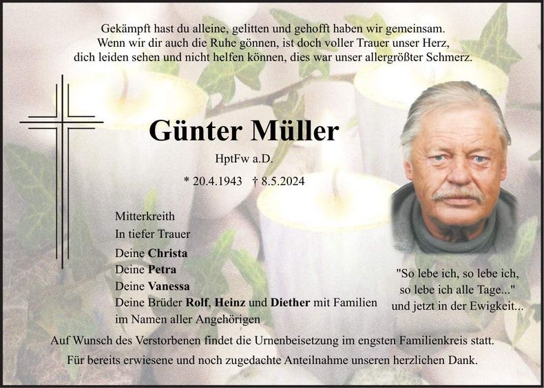 Traueranzeige Günter Müller