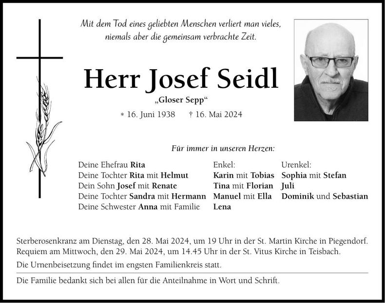Traueranzeige Josef Seidl