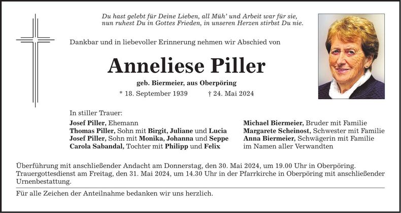 Traueranzeige Anneliese Piller