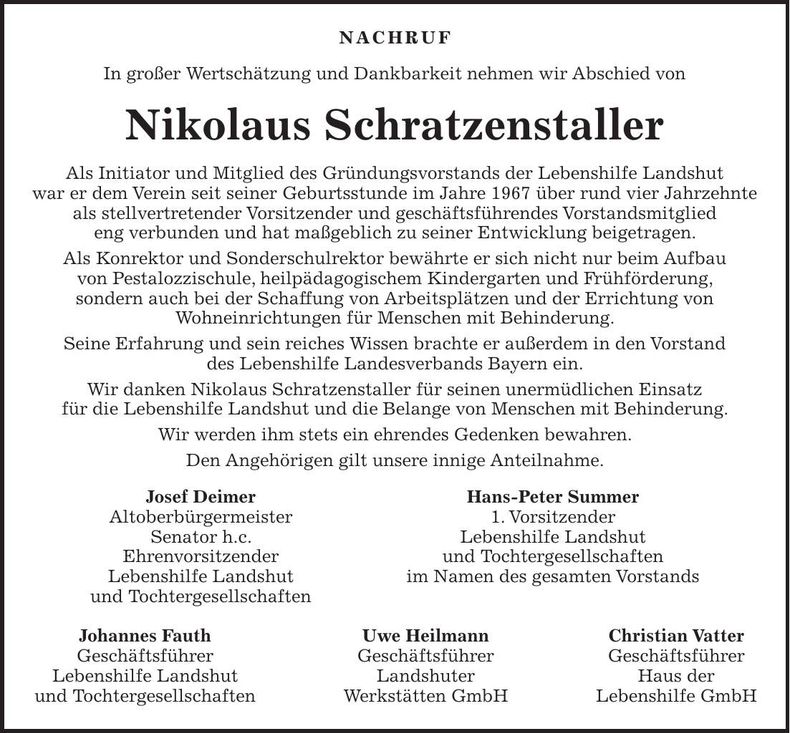 Traueranzeige Nikolaus Schratzenstaller