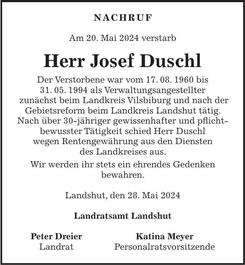 Traueranzeige Josef Duschl