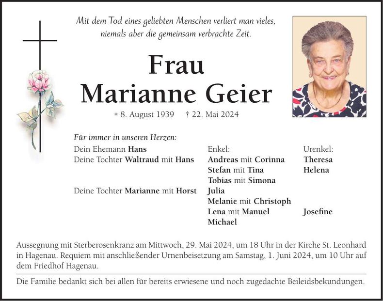 Traueranzeige Marianne Geier
