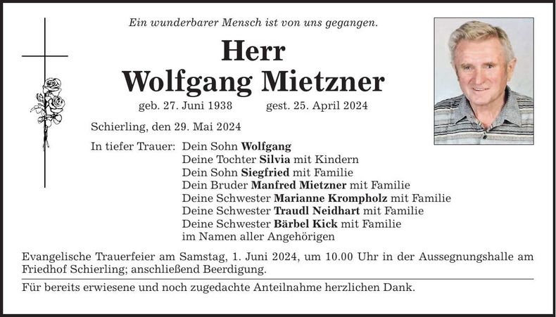 Traueranzeige Wolfgang Mietzner