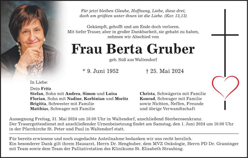 Traueranzeige Berta Gruber