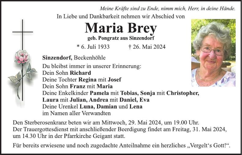 Traueranzeige Maria Brey