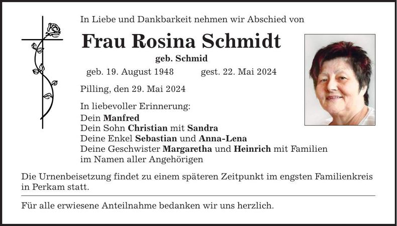 Traueranzeige Rosina Schmidt
