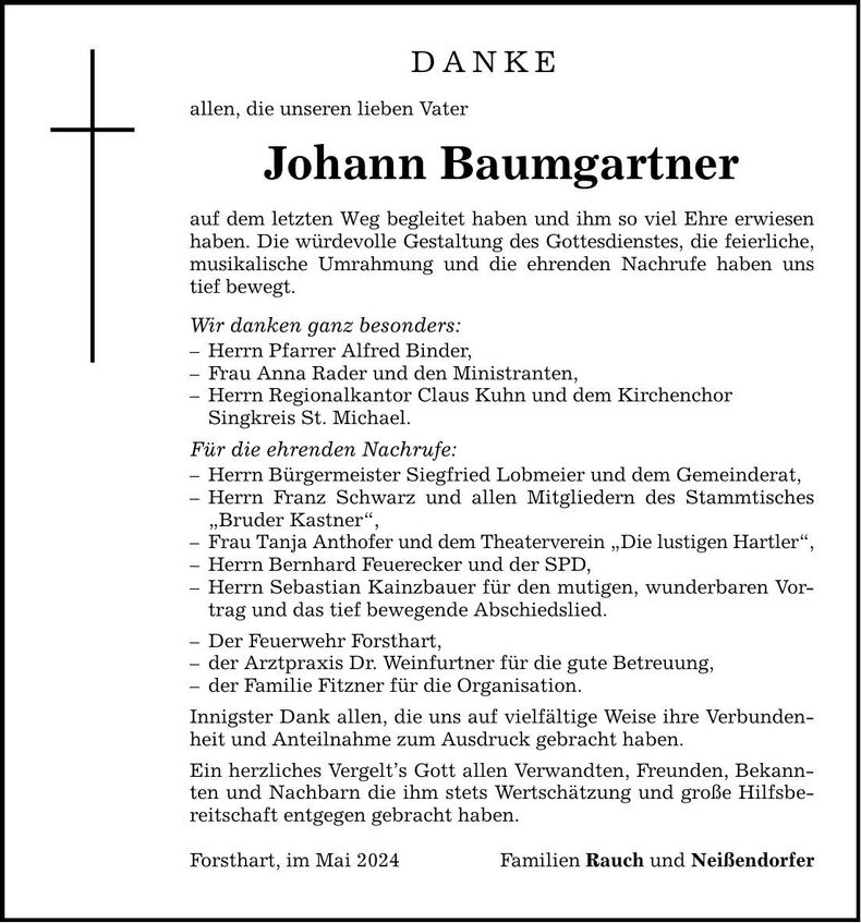 Traueranzeige Johann Baumgartner