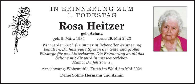 Traueranzeige Rosa Heitzer