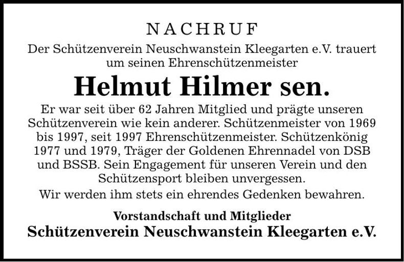 Traueranzeige Helmut Hilmer
