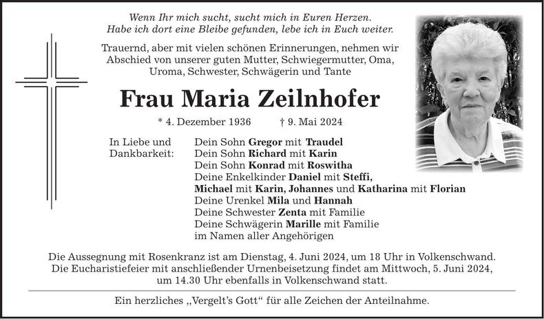 Traueranzeige Maria Zeilnhofer