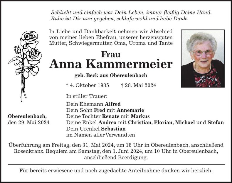 Traueranzeige Anna Kammermeier