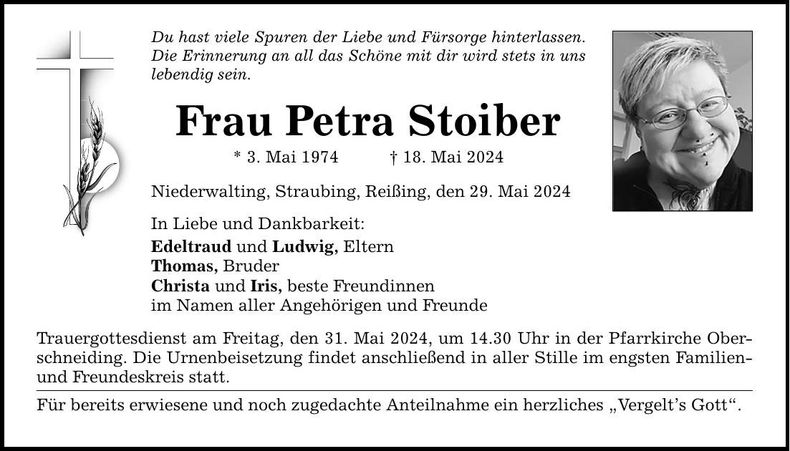 Traueranzeige Petra Stoiber